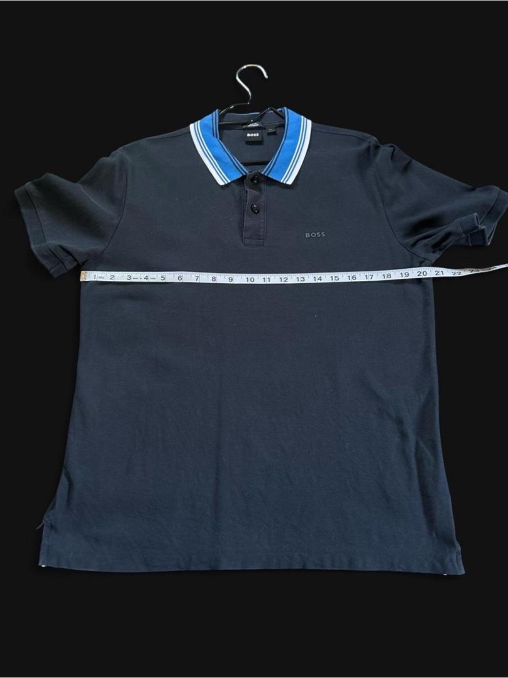 Boss Men's Navy Polo with Blue and White Stripe Collar